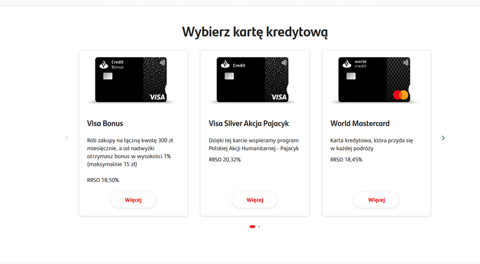 Katalog kart kredytowych Santander, prezentujący różne modele kart wraz z przyciskami do szczegółowych informacji.