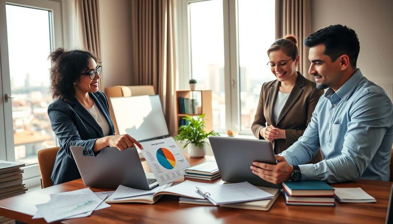 A cozy home office scene depicting a diverse group of three adults—two women and one man—in professional business attire, engaged in a discussion about budgeting strategies. In the foreground, a wooden desk cluttered with budget sheets and a laptop, where one person points to a pie chart on the screen. In the middle, a large window lets in warm, natural light, illuminating a green plant and a small bookshelf filled with financial books. In the background, a city skyline is visible through the window, creating a sense of urban life. The overall atmosphere is collaborative and motivated, suggesting a focus on practical tips for saving money each month.