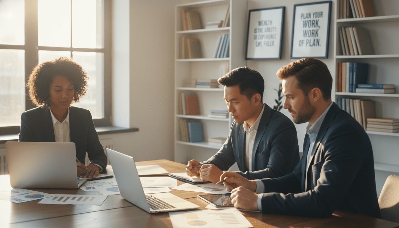A professional setting showcasing effective money management. In the foreground, a diverse group of three individuals, one woman and two men, are engaged in a serious discussion around a wooden table, equipped with laptops, documents, and financial charts. They are dressed in smart business attire, exuding professionalism and focus. In the middle, a large window allows natural light to flood the room, illuminating their expressions with a soft, warm glow. The background features a modern office environment with shelves of books on finance and inspirational quotes on the walls. The composition should convey a sense of collaboration and determination, highlighting the importance of managing money wisely. Use a balanced angle to focus on their interaction, ensuring clarity and depth throughout the image.