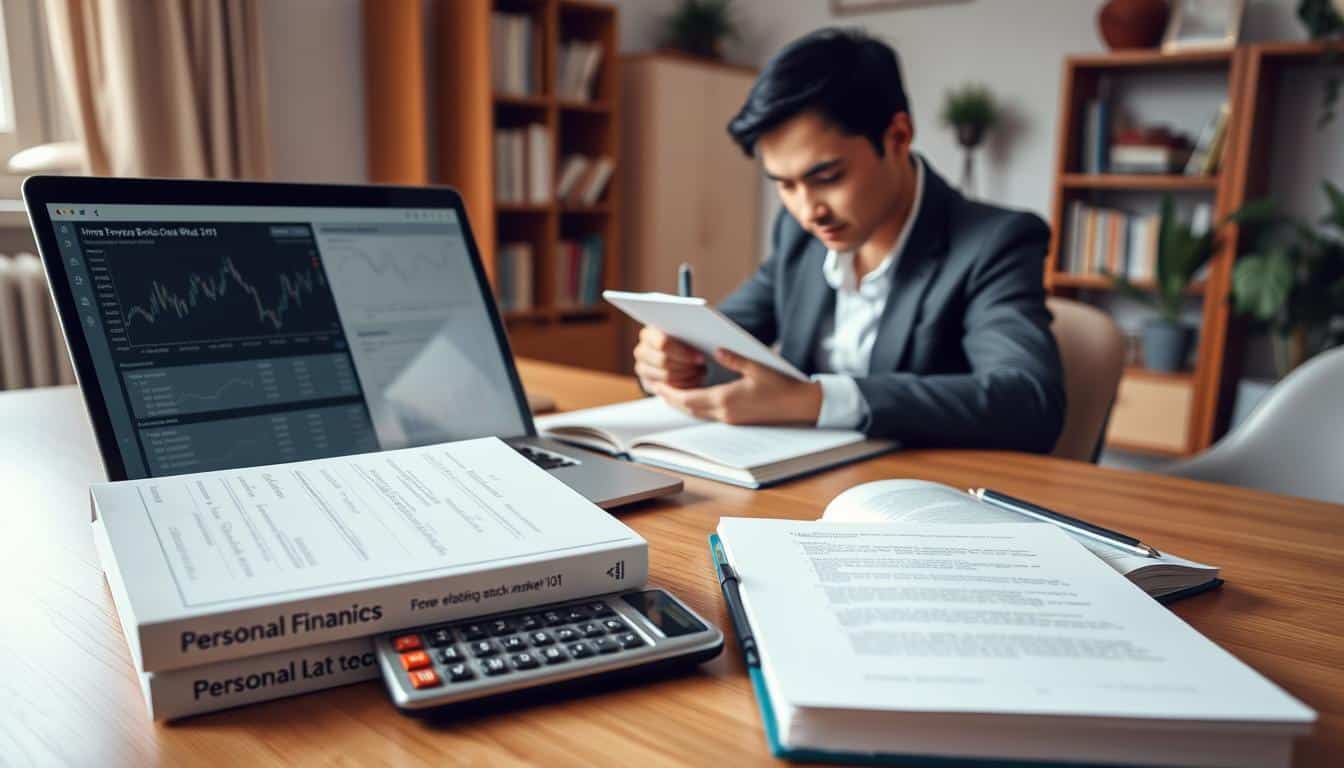 A well-organized home office environment, showcasing a wooden desk with a laptop open to a financial dashboard, displaying charts and graphs. In the foreground, a set of neatly arranged personal finance books, titled "Investing Basics" and "Stock Market 101", along with a sleek calculator and notepad filled with annotations. The middle ground features a person in professional attire, exuding focus and determination, taking notes while analyzing the data on the laptop screen. Soft, natural lighting comes in through a nearby window, illuminating the space and creating a warm, inviting atmosphere. The background includes a small bookshelf filled with educational resources and a potted plant to add a touch of greenery, conveying a balance of professionalism and comfort.