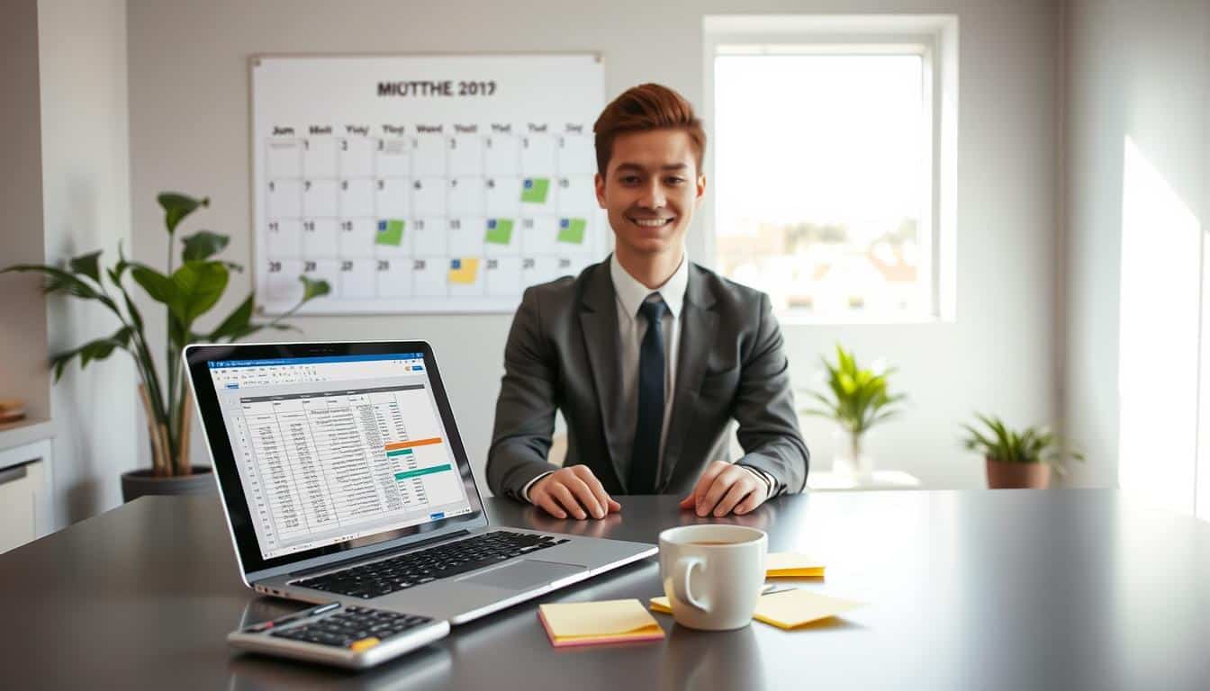 A well-organized workspace featuring a young professional in business attire sitting at a sleek desk. The foreground shows a laptop open with a detailed spreadsheet on the screen, surrounded by a calculator, sticky notes, and a cup of coffee. In the middle ground, a wall-mounted calendar displays the days of the month, with important budget deadlines circled. The background features a window letting in soft, natural light, creating a bright and inspiring atmosphere. The overall mood is focused and productive, emphasizing the importance of effective monthly budgeting. A potted plant adds a touch of greenery to the scene, enhancing the sense of a balanced and organized lifestyle.