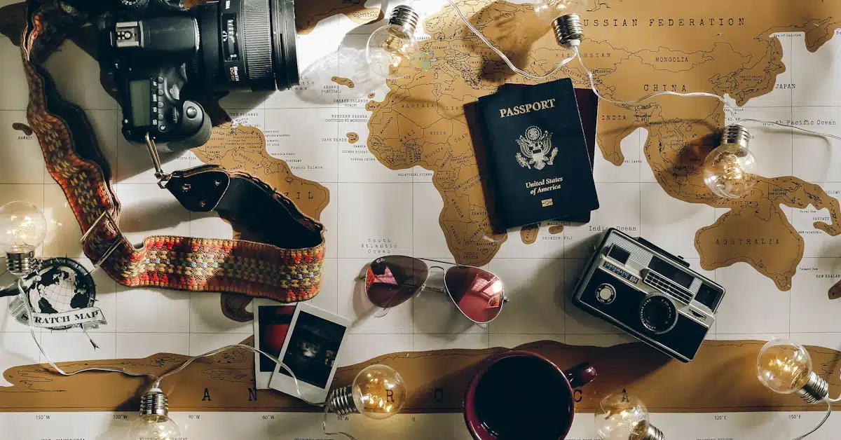 black DSLR camera near passport